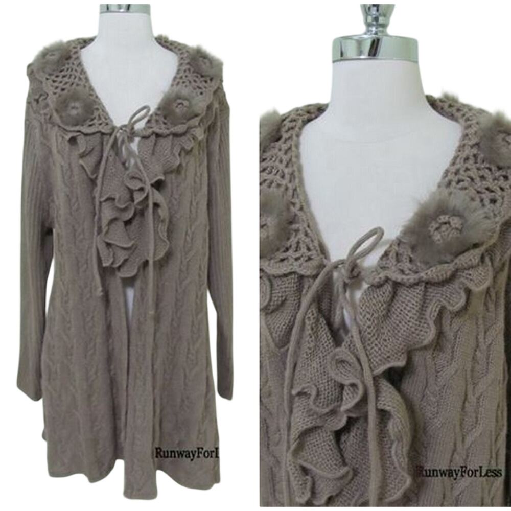 New L&B Women PL Petite Large Brown Crochet Faux Fur Cardigan Duster Sweater